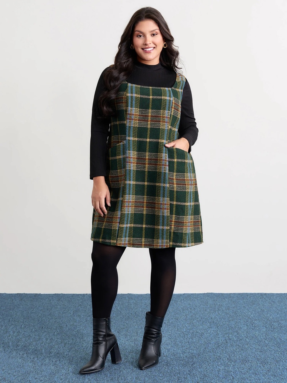 Bloomchic Fall Plaid Pattern Slant Pockets Knee Dress in True Green Size 18-20